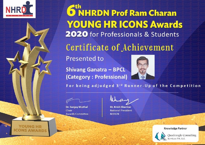 SHIVANG GANATRA from BPCL awarded as one of the National Young HR Icons 2020