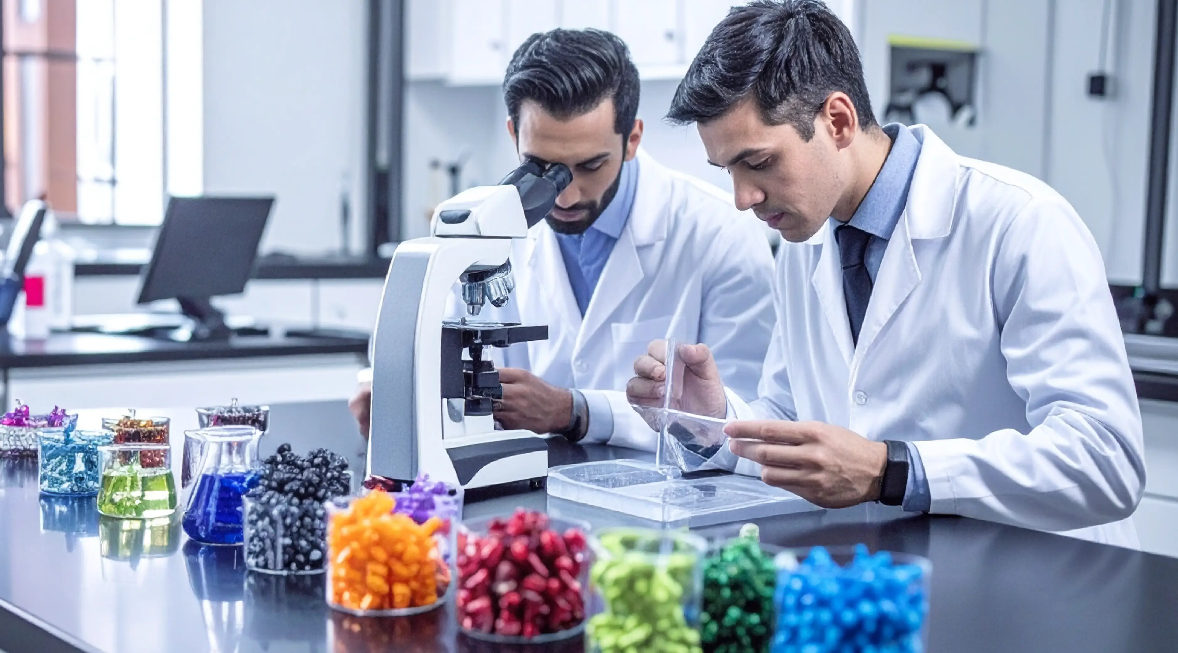 Technicians verifying a lubricant sample in a lab