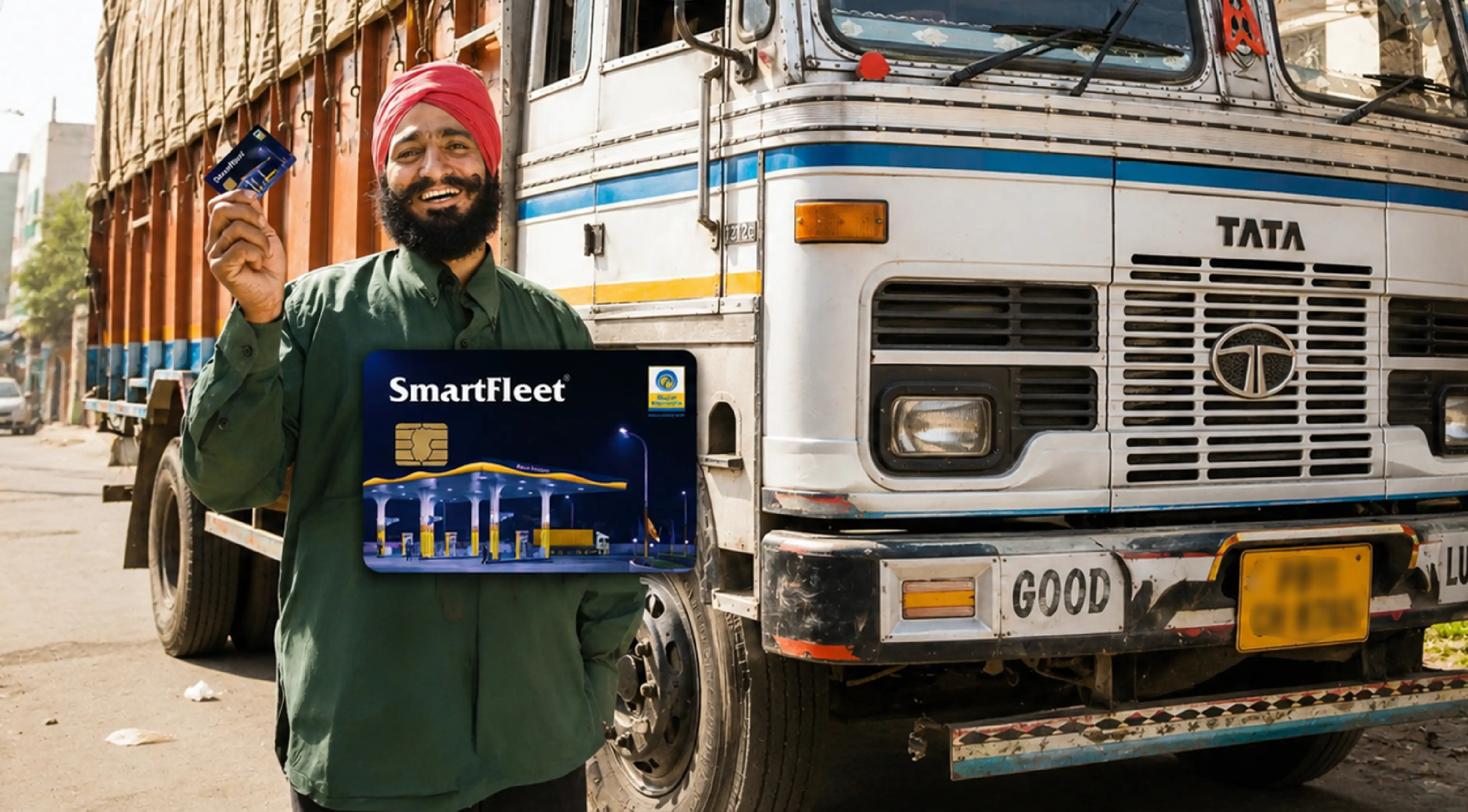 Driver holding a SmartFleet card in front of a truck