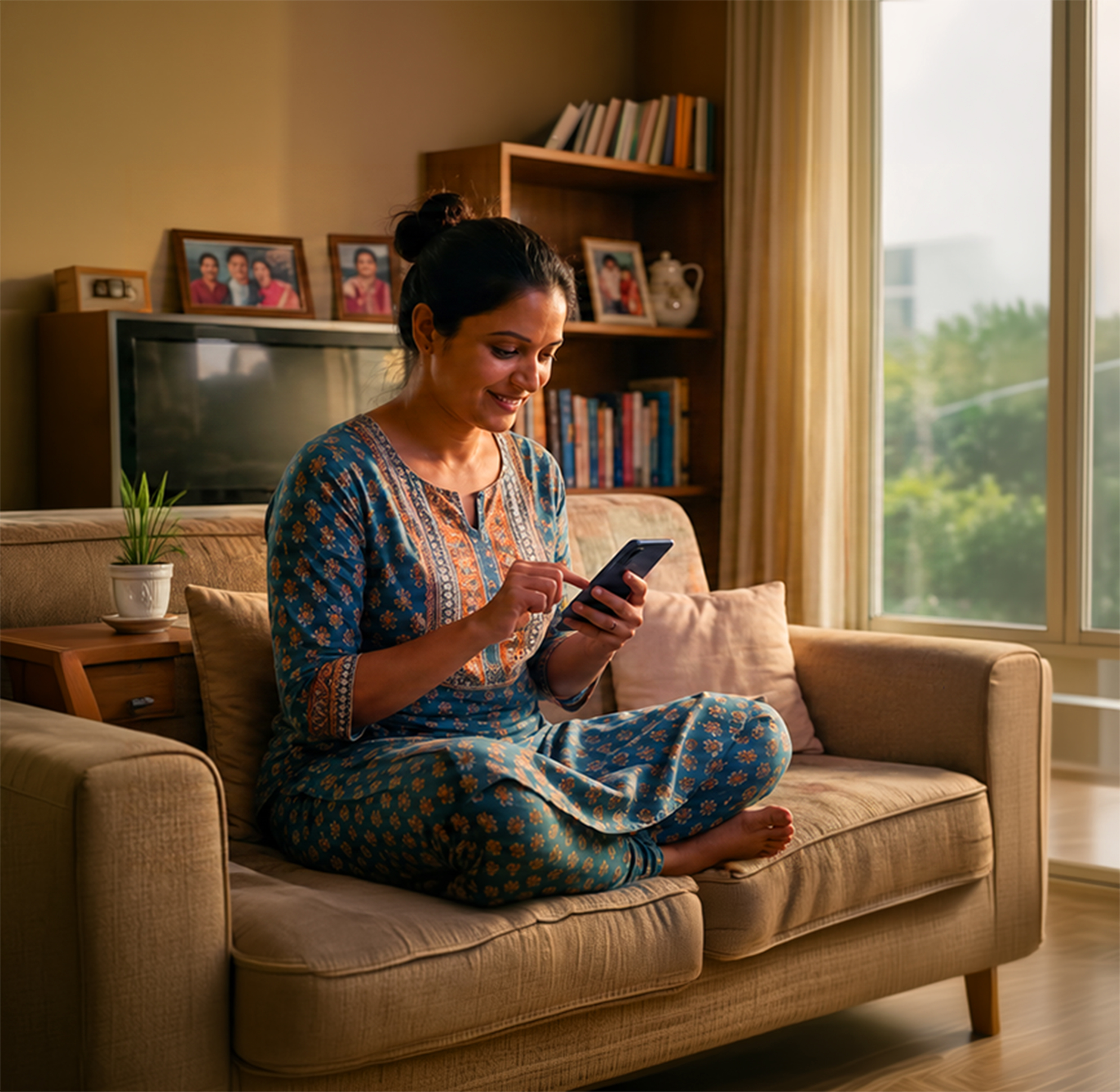 Woman using the HelloBPCL app at home